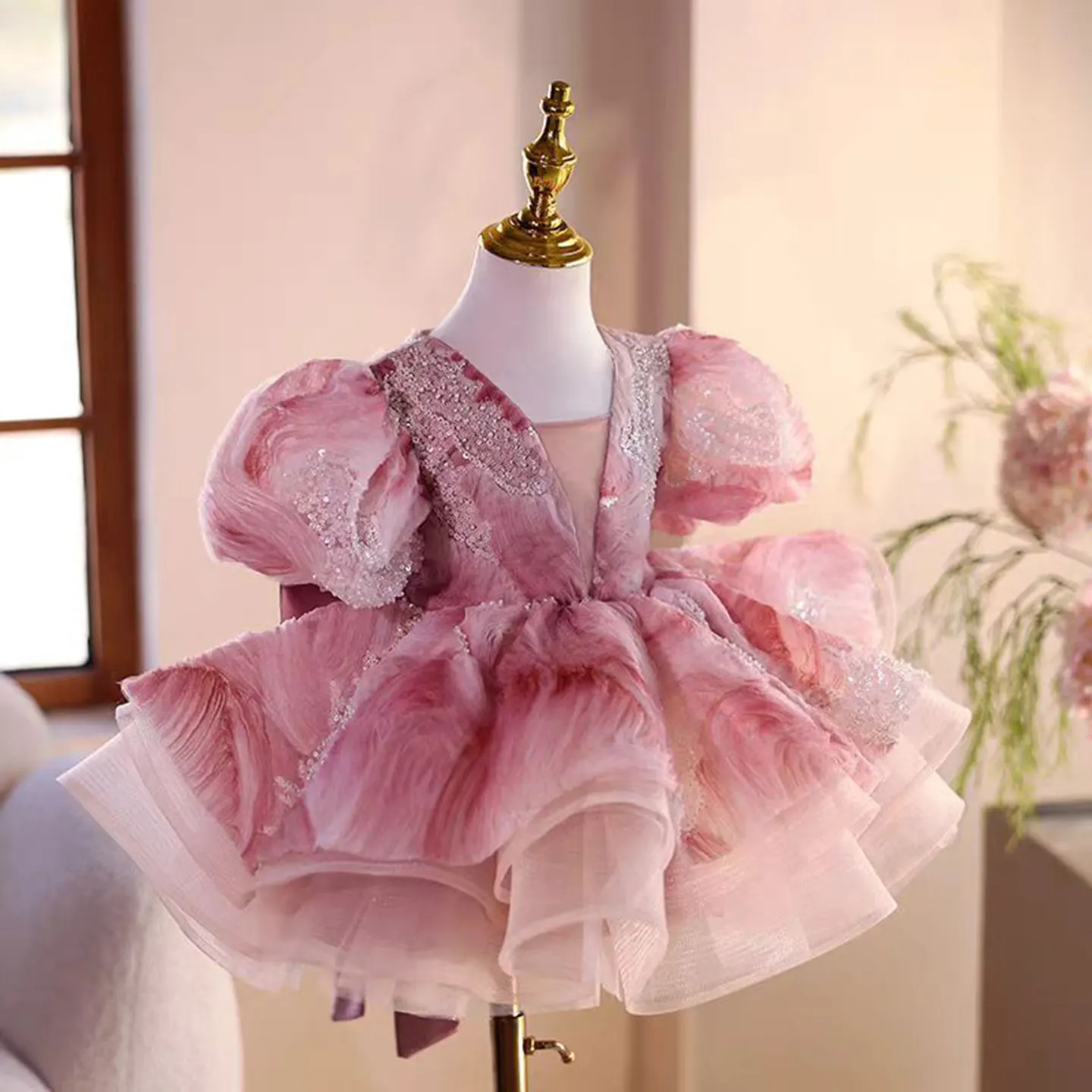 Jill Wish J734 Luxury Sparkly Pink Sequin Baby Girl Dress Puff Sleeve V-Neck Ball Gown Kids Birthday Party Dress  Pageant Dress