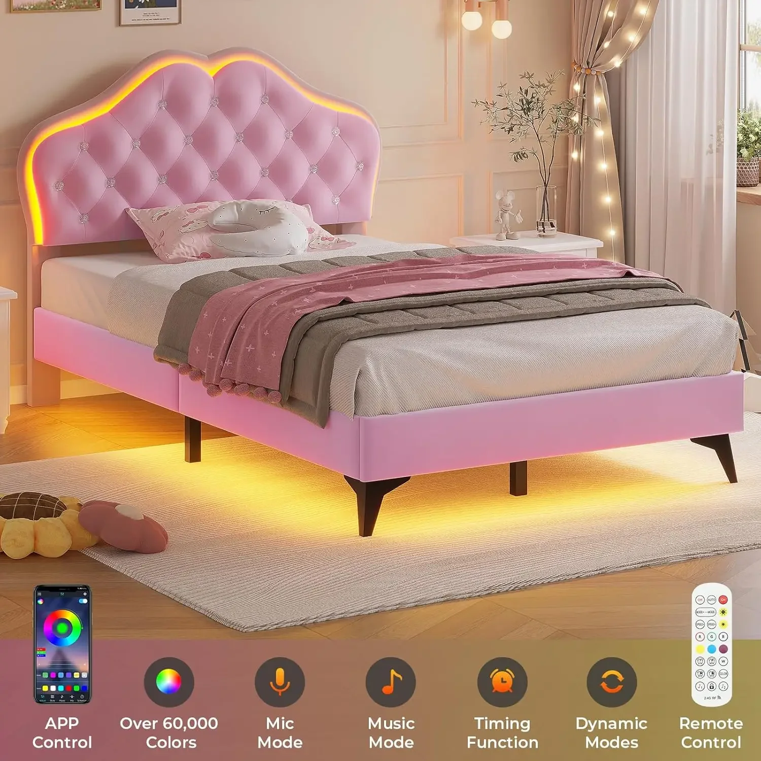 Cadre de lit LED en velours avec bouton en cristal réglable, lit double pour filles, planche de sauna, lit plateforme princesse, taille jumelle