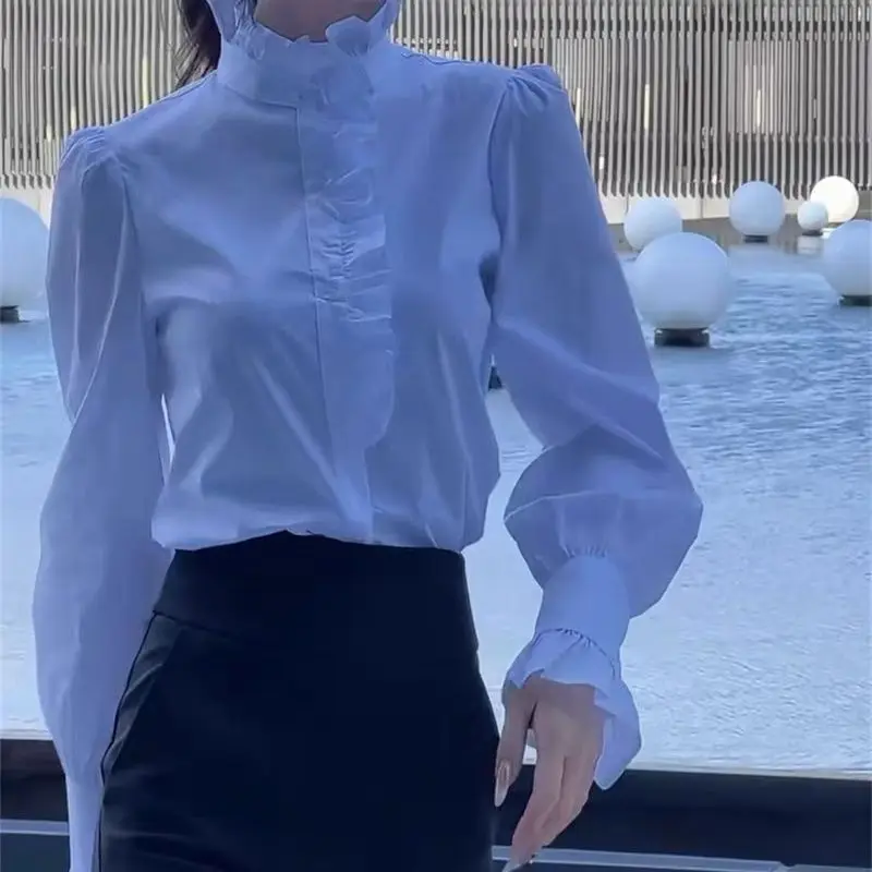 

French Sle Loose Fit Long Sve Blouse Women's Spring Autumn New Faion Bell Sve Asymmetrical Stand Collar irt