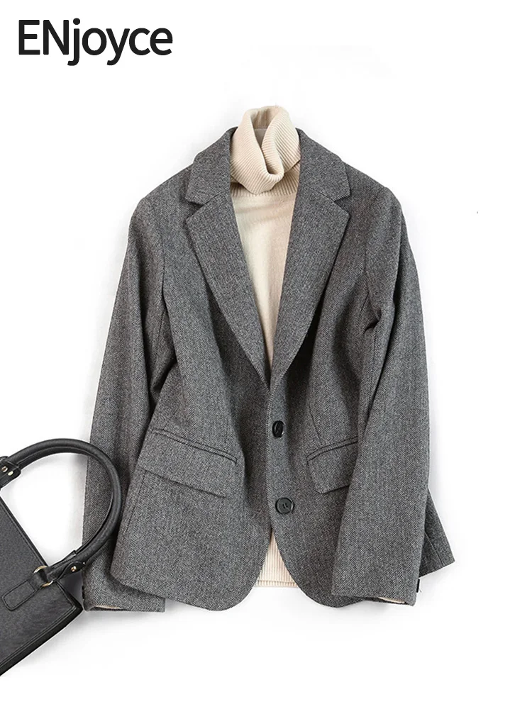 

Women Vintage Gray Wool Fleece Suit Blazers 2024 Autumn Korean Fashion Workwear Coat Office Ladies Elegant Casual Short Jacket