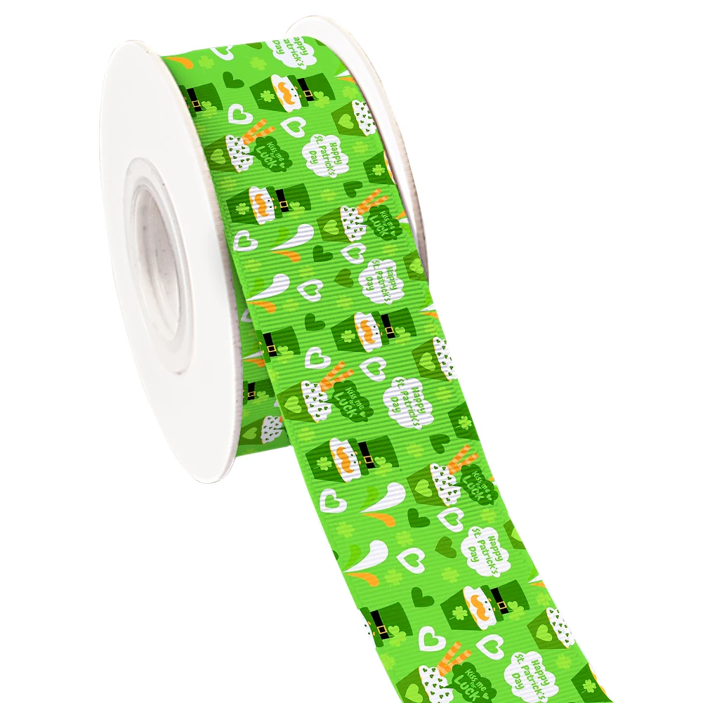 St. Patrick \'s Day Green Designs Printed Grosgrain Satin Ribbon for Gift Wrapping Hair Bow Craft Accessory 50 Yards