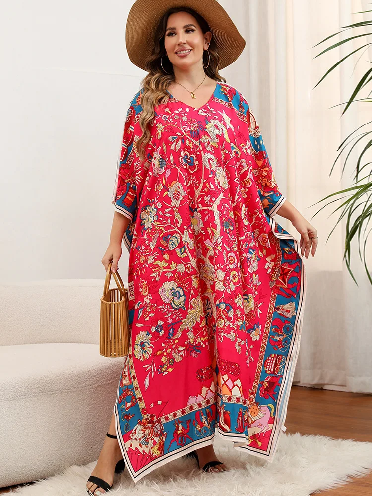 Bohemian Beach Kaftans Plus Size Maxi Robe Swimsuit Cover Ups Red Printed Summer Sea Elegant Bathing Suits Beachwear