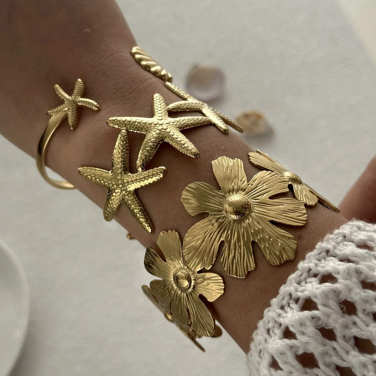 Übertriebene Metall Shell Seestern Blume Armreifen Armbänder Für Frauen Männer Edelstahl Fisch Bogen Herz Offene Manschette Armreif Schmuck