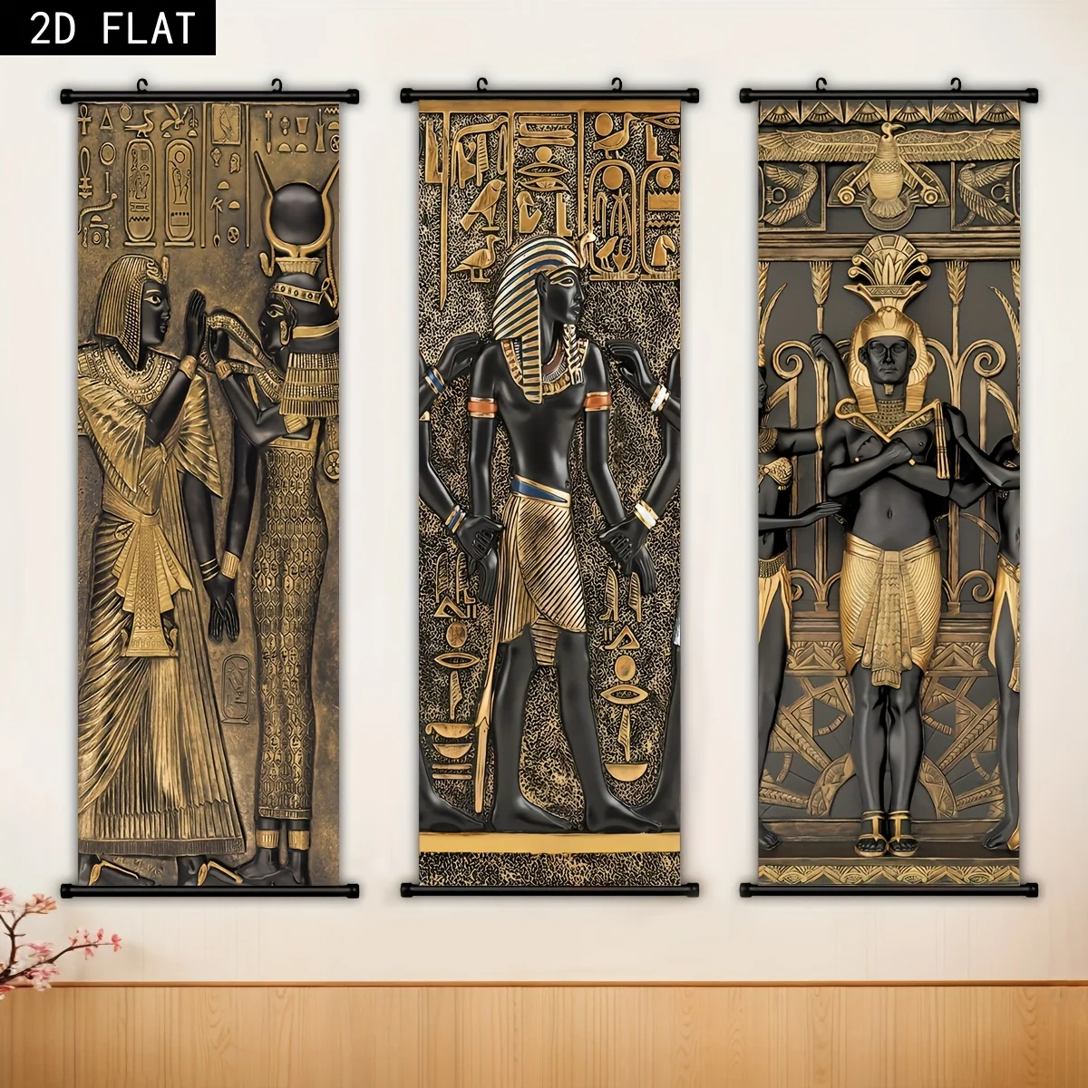 VIKAMA Ancient Egyptian Pharaoh Goddess Gold 3 Piece Wall Scroll Tapestry Set Hieroglyphic Wall Art Decor for Living Room