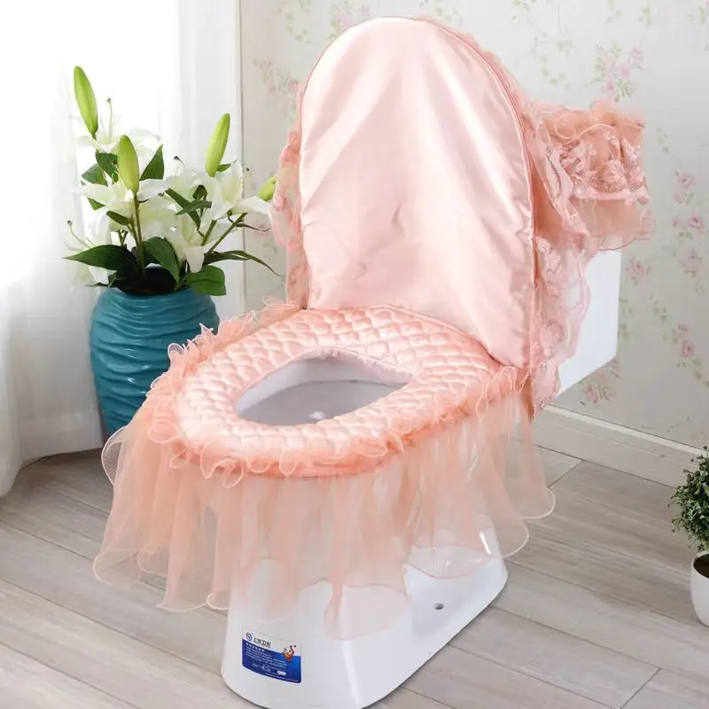 Orange Lace Toilet Seat Cover with Zipper, 3-Piece Set, Beautiful Warmer Pad, Toilet Mat, Washable Cloth, Bathroom