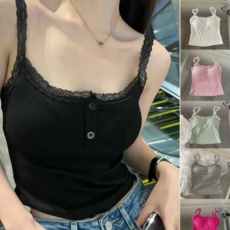 

Western-style Pure Cotton Embroidered Lace Camisole Solid Color Women's Slim Fit Niche Lace Slimming Vest Top with Chest Pad
