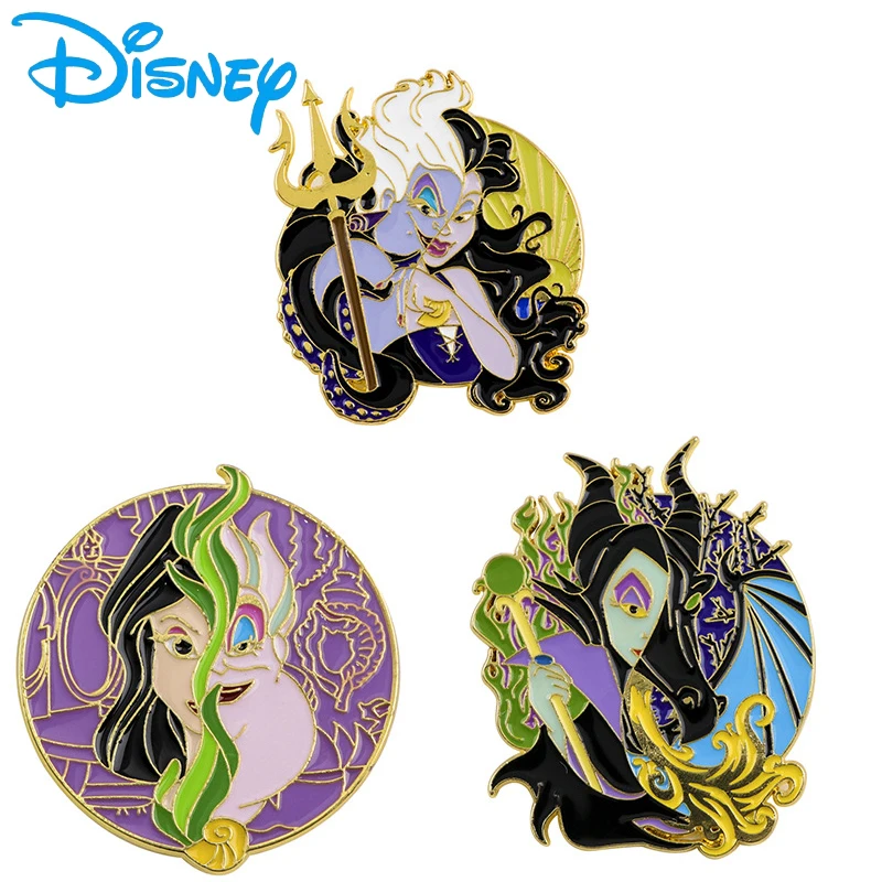 Disney Fairy Tale Anime Figure Villain Ursula Maleficent Metal Brooch Badge Pin Clothing Decoration Accessory Children Toy Gifts