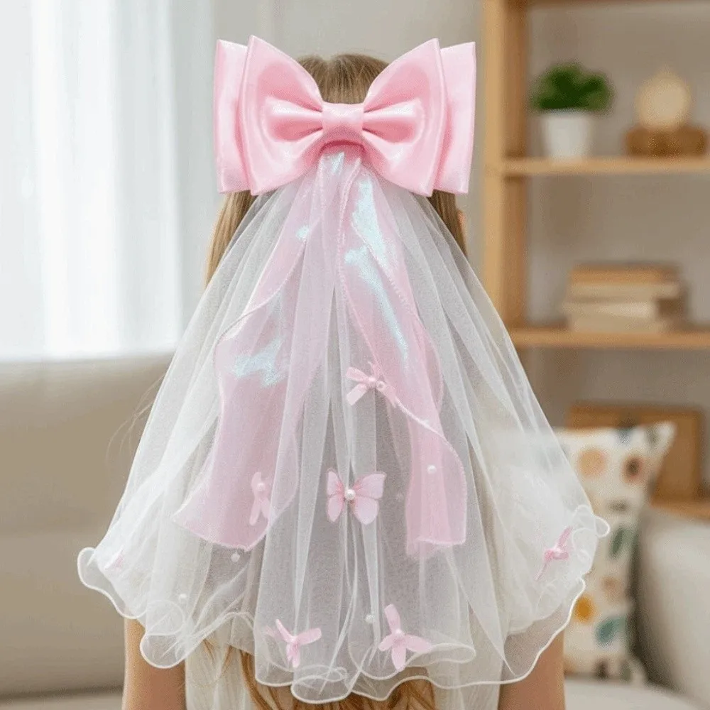 

Elegant White Veil Hair Clip Bow Mesh Colorful Flowing Tulle Beads Rhinestone Girls Head Gauze Birthday Headdress