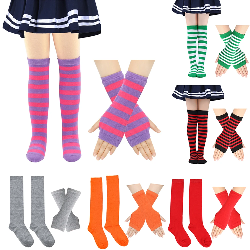 Fingerless Gloves And Socks Set For Children Striped High Long Socks Arm Warmer Over Knee Stockings For Kids Christmas Winter