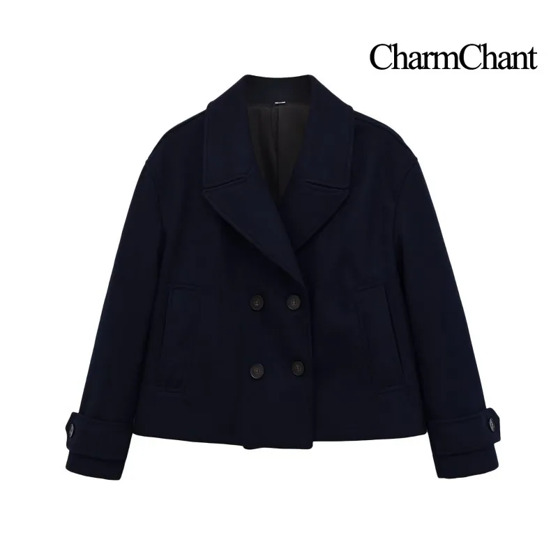 CHARMCHANT Womens Double Breasted Wool Coat Wide Lapel Short Jacket Drop Shoulder Patch Pockets Button Closure Winter 2026