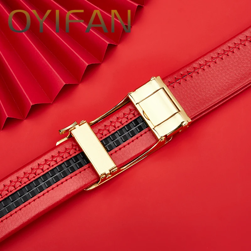Fashion Business Men\'s Belt Red Genuine Luxury  Belt Metal Buckle Belt High-Quality Leather Soft Belt With Cargo Pants Jeans