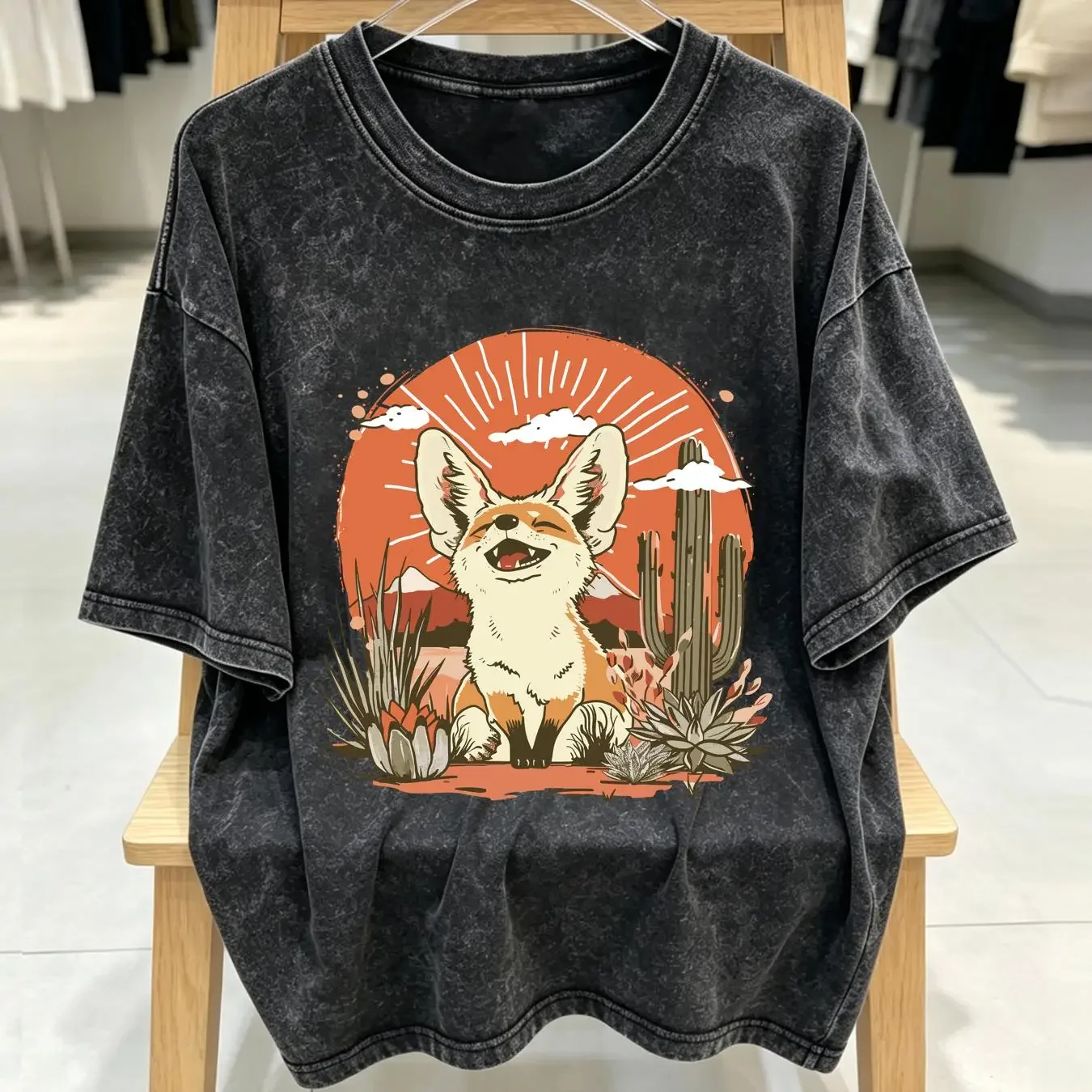 washed T Shirt Desert Fennec Fox Wild West Top Vintage Grunge Summer Cactus Lover s long or short sleeves vintage Washed