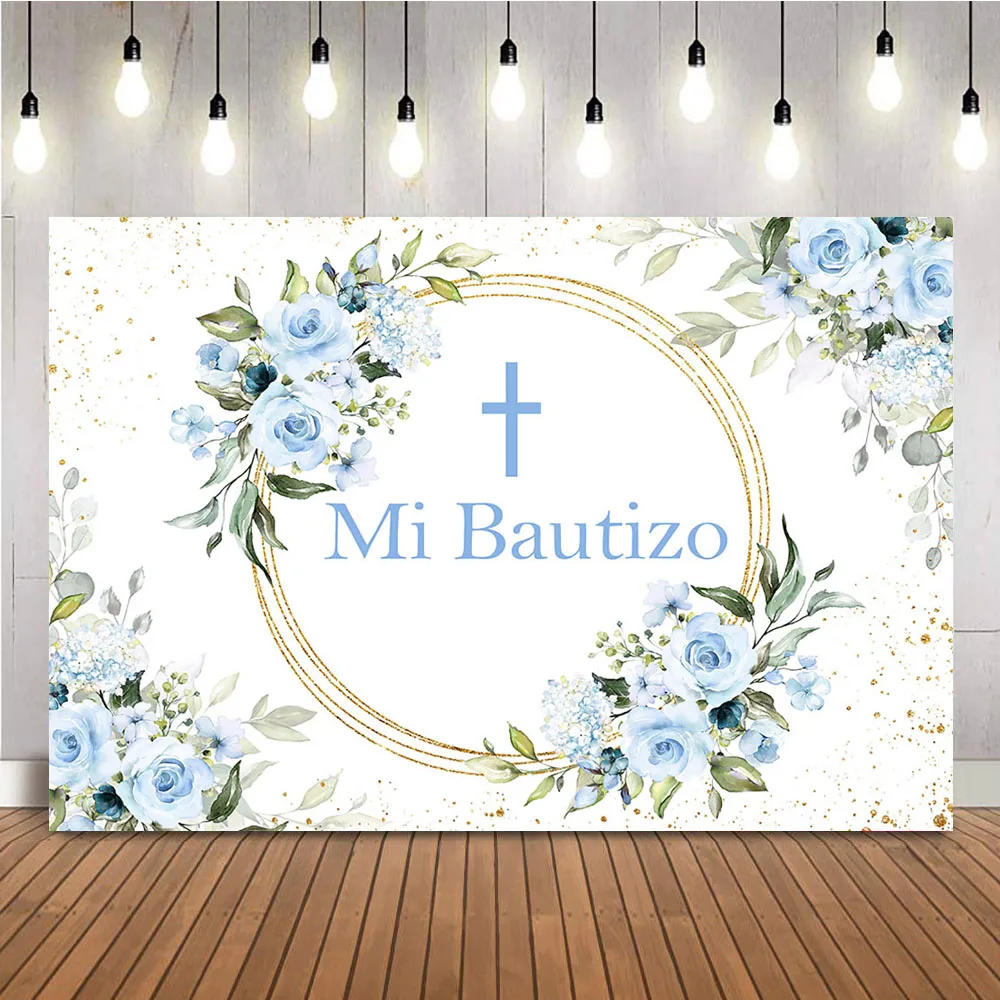 Baby Shower Baptism Backdrop for Boy God Bless Photo Background Blue Flowers Gold Glitter Shining Dots Photocall Backdrops Prop