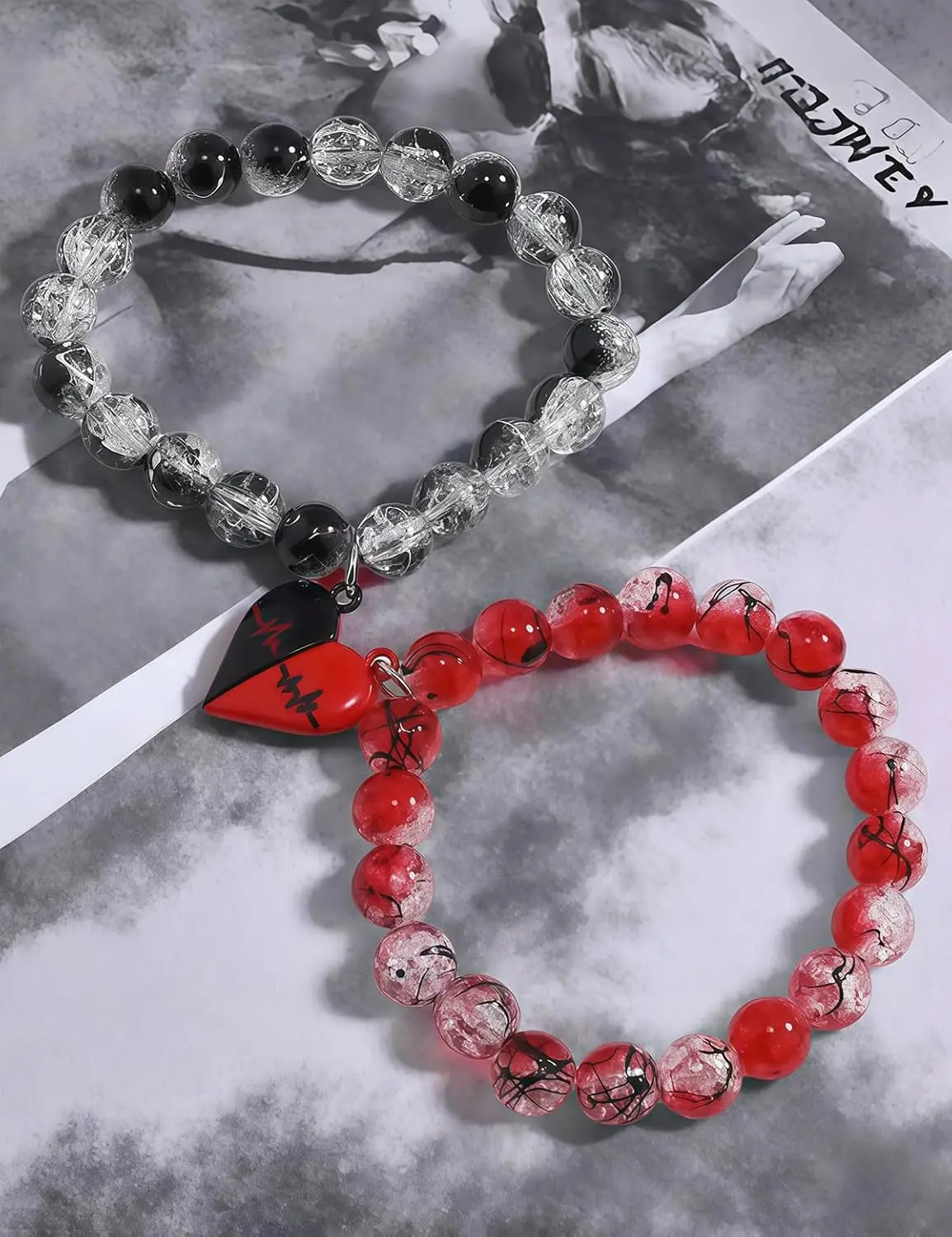 1 Set passende Herz-Armbänder für Paare, rot-schwarze Perlen, Freundschaftsschmuck für Sie und Ihn