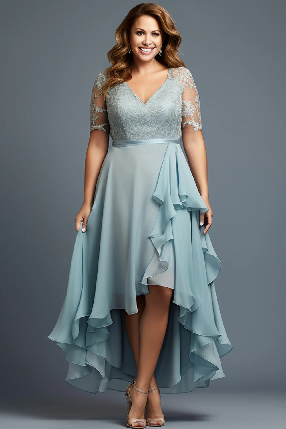 Flycurvy Plus Size Wedding Guest Light Blue Chiffon Lace Layerd High Low Hem Maxi Dress