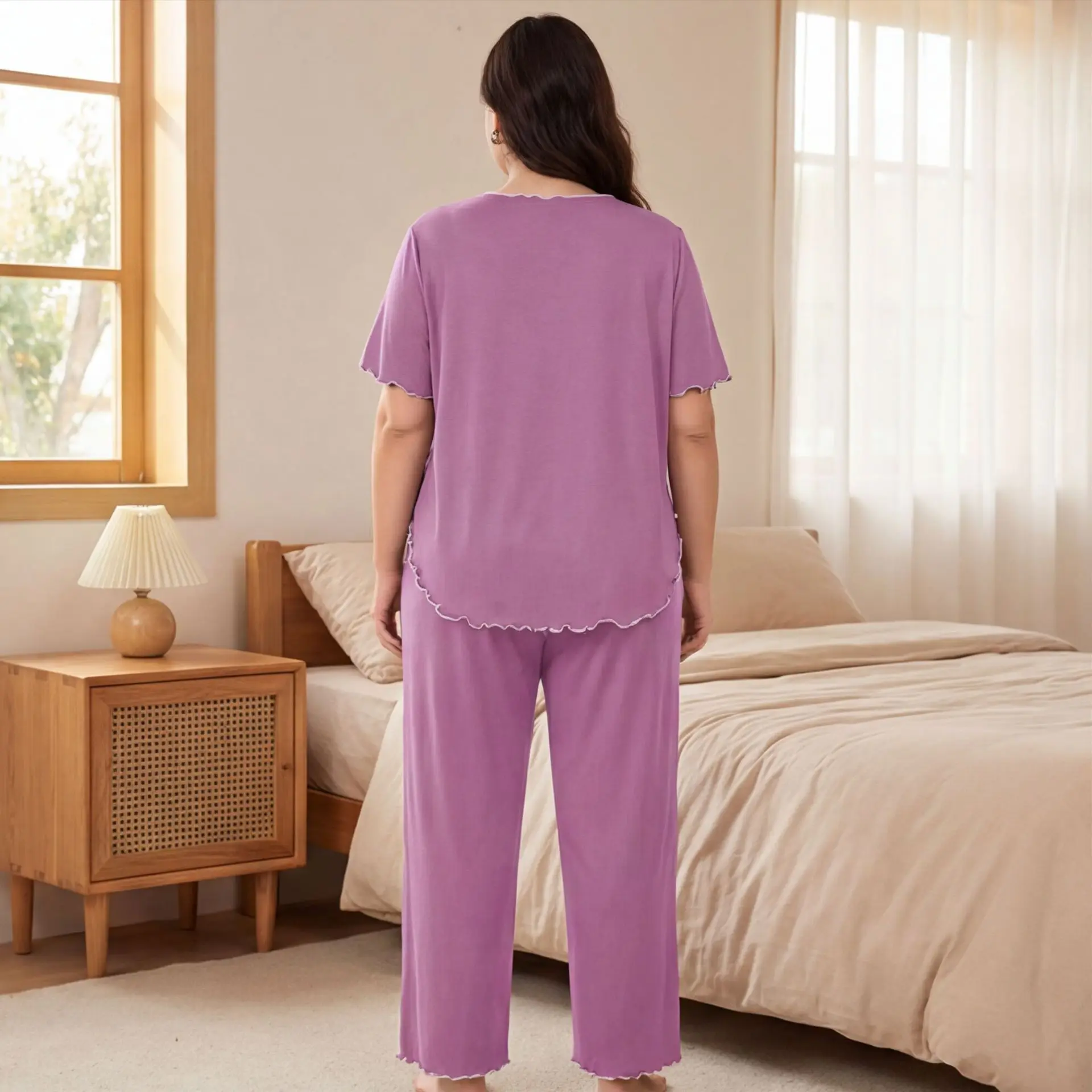 Women Short Sleeve Pajamas Set Large Size Loose Fit Homewear Solid Color Summer Thin Oversize 2 Pieces Sleeping Outfit Pyjama 4