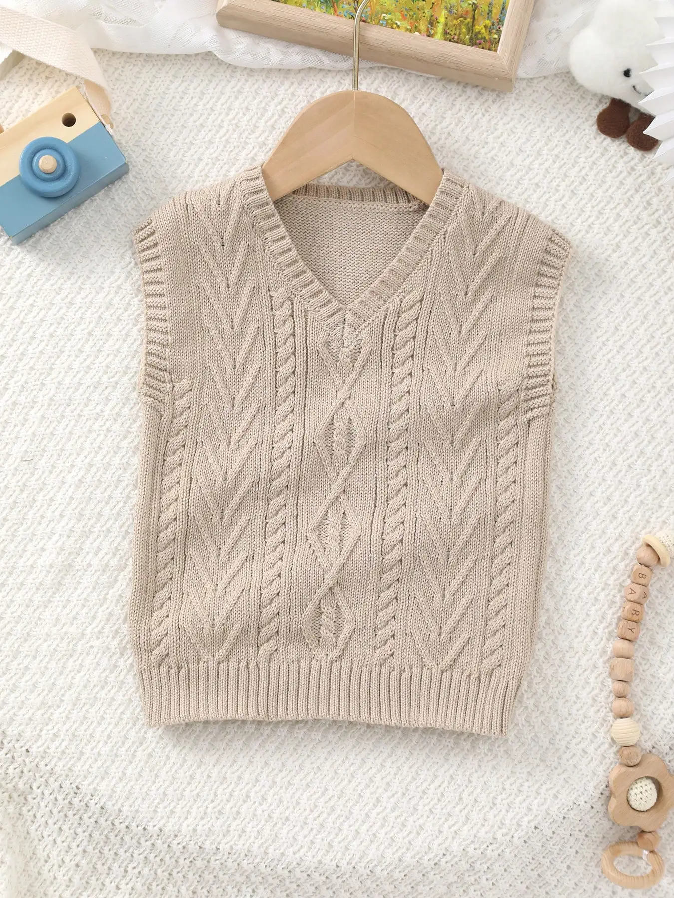 Baby Boy's Spring and Summer College Style Solid Color Cable Knit Vest Sweater