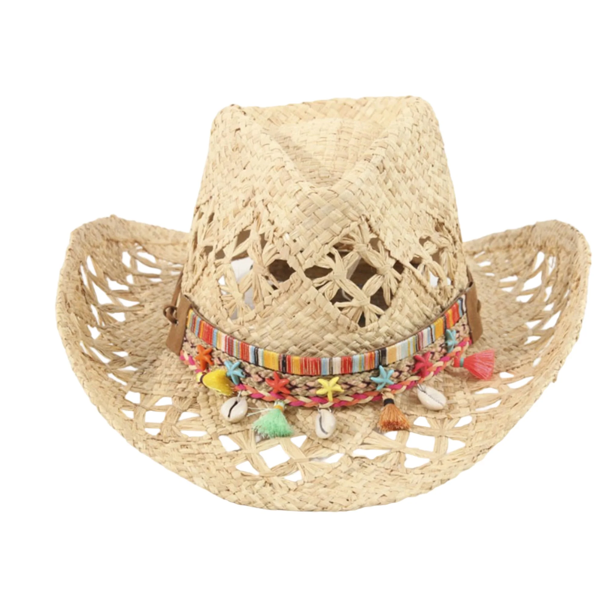 

Straw Cowgirl Hat for Women Men Star Tassel Belt Wide Brim Hollow Out Breathable Western Cap