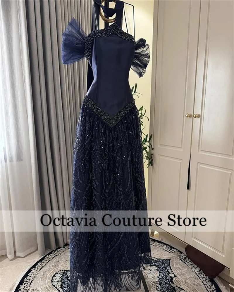 Saudi Arabic Navy Blue Sweetheart Evening Dress 2025 Formal Charming Sleeveless Beaded Crystal Gown Customized  فستان وردي image 5