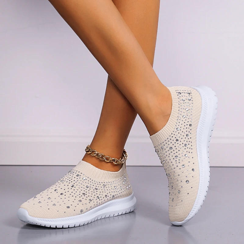 Crystal Sneakers Spring Summer Fashion Breathable Mesh Slip On Flat Shoes For Women 2023 Outdoor Walking Loafers Zapatos Mujer