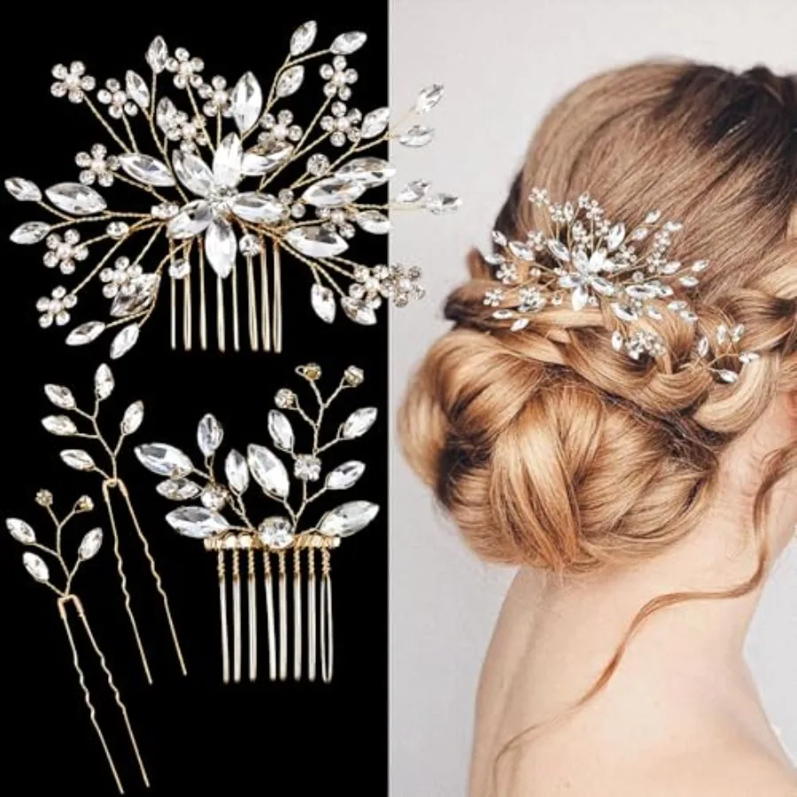 

4 Pcs Bridal Crystal Hair Pins, Wedding Hair Comb Accessories with Rhinestone Bridal Headpiece Jewelry for Brides Bridesmaids W