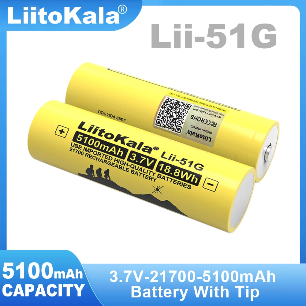 1-10 sztuk Liitokala Lii-51G 3.7V 5100mAh 21700 bateria litowa o dużej pojemności do latarki + końcówka (bez płytki drukowanej)