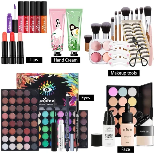 Imagen 2 del producto POPFEEL Kit de maquillaje todo en uno, juego de regalo con paleta de sombra de ojos, base, brillo de labios, colorete, pinceles, delineador de ojos y más regalos de belleza