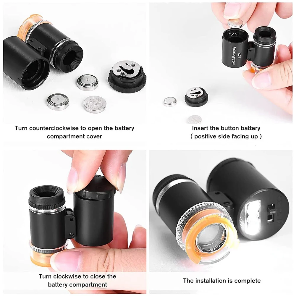 2 Pieces 60X Mini Pocket Microscope with 3 Light Jewelers Eye Loupe Portable Magnifing Glass for Handcrafts Jewelry