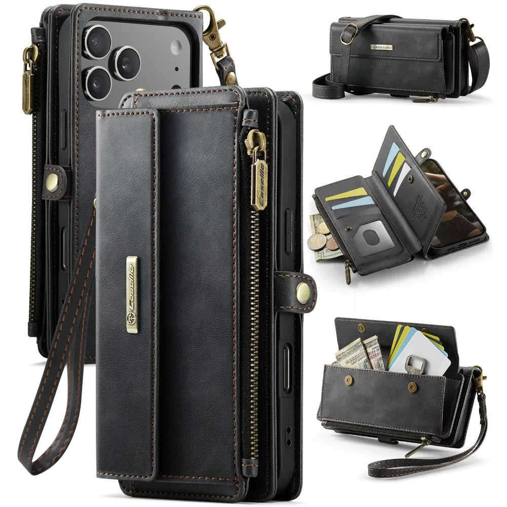 

Case for iPhone 17 Pro Max Air 16 15 14 13 12 11 Plus 2025 Leather Strap Zipper Card Holder Phone Wallet Case
