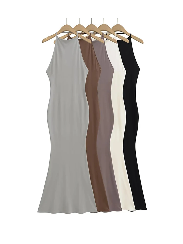 Sommer-Neckholder, elastisch, schlank, Trompete, langes Kleid, Damen, 5 Farben, ärmellos, Neckholder, Party, Maxi, Meerjungfrau-Kleider