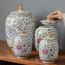 Enamel Painted Flower Pattern Storage Jar Sealed Tea Jar Sundries Food Storage Decorative Tank Crafts Ceramic Tank Home Decor