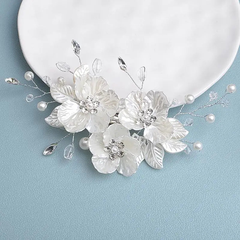 1 Stück Handgefertigter Weißer Braut-Kopfschmuck Neuer Kristall-Perlen-Blumen-Brautkopfschmuck Elegante Luxuriöse Hochzeits-Haarnadel für Frauen – Detail 8