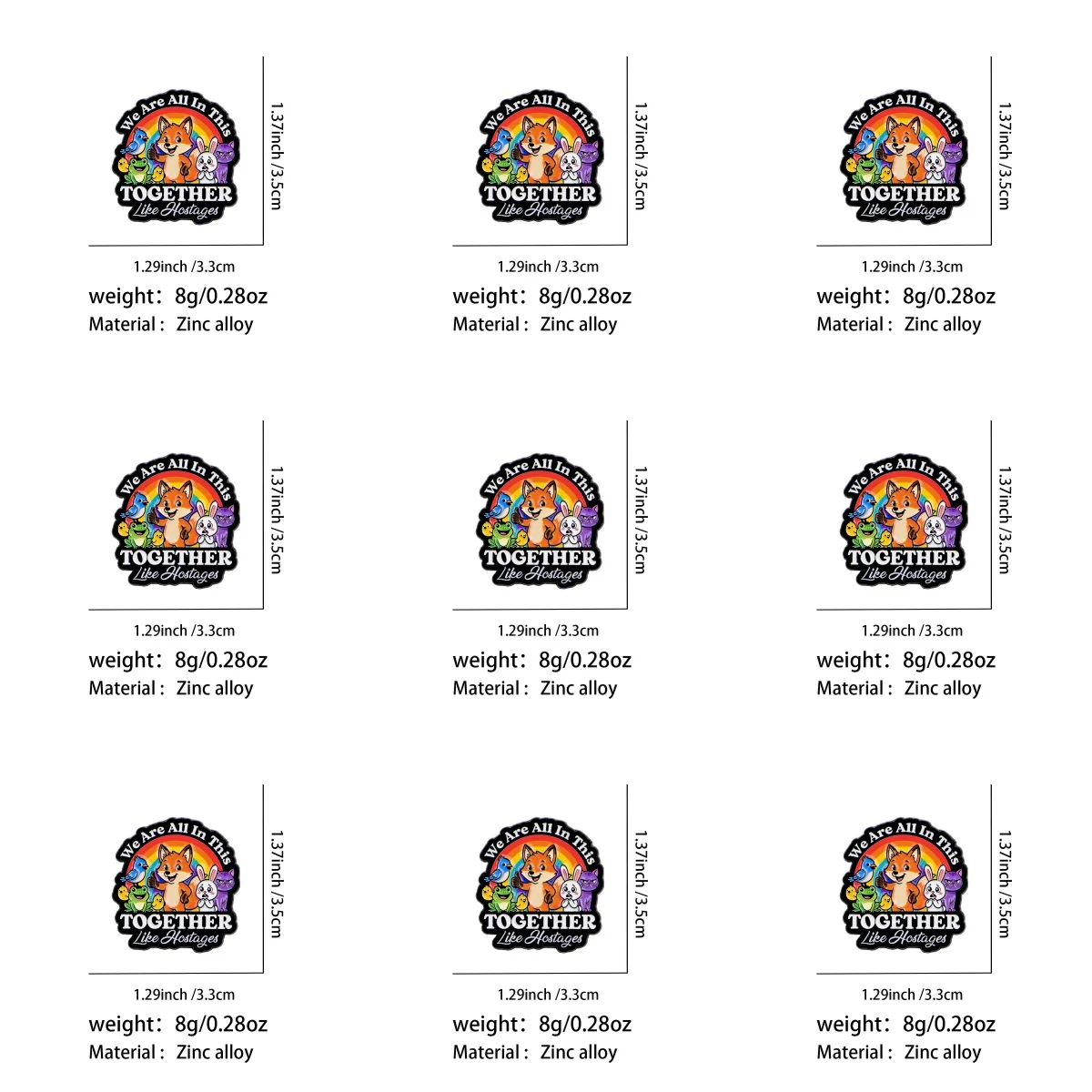 9-teiliges Emaille-Pin-Set „Wir sind alle in diesem gemeinsamen Anlass“ mit Cartoon-Tiermotiven für Mantelkragen, Reversnadeln, Metallabzeichen, Schmuckgeschenk – Detail 1