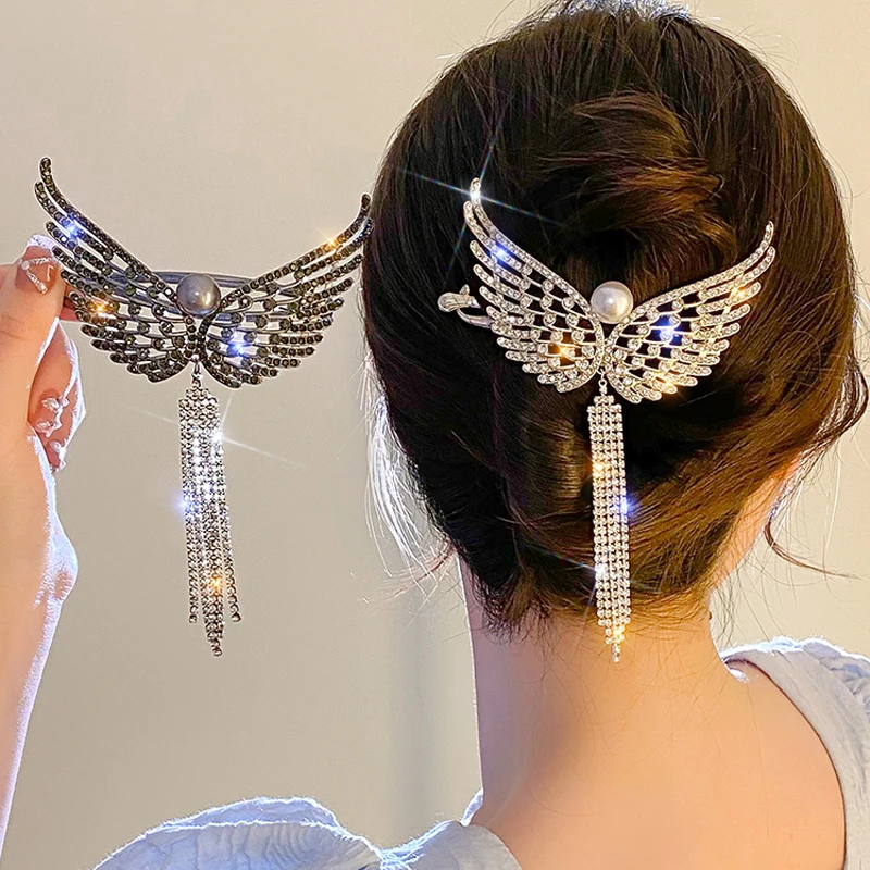 

Full Rhinestone Angel Wing Twister Hair Clip Elegant Tassel Hairpins Ponytail Bun Headbands for Women Girls Accessories