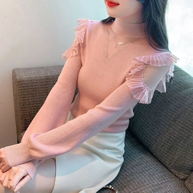 Knitted Sweaters for Women Slim Fit Off Shoulder Turtleneck Female Pullover Pink Coquette Ruffles Attractive Japanese Style Fall