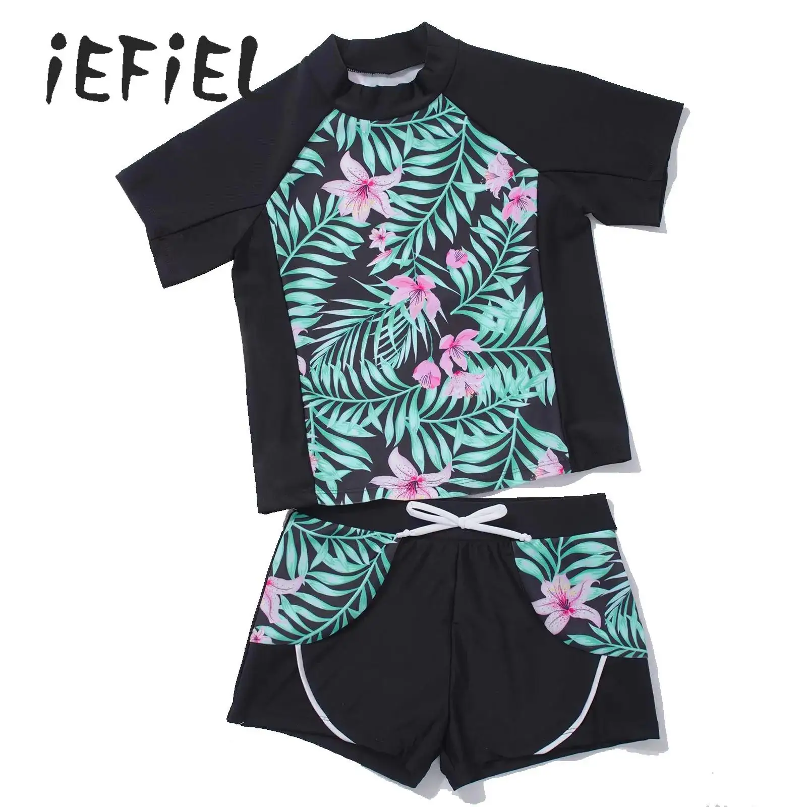 

Swimming Costumes for Girls 2 Piece Rash Guard Set Print Short Sleeve Shirt Tops with Booty Shorts Tankini Swimsuit Swimwear