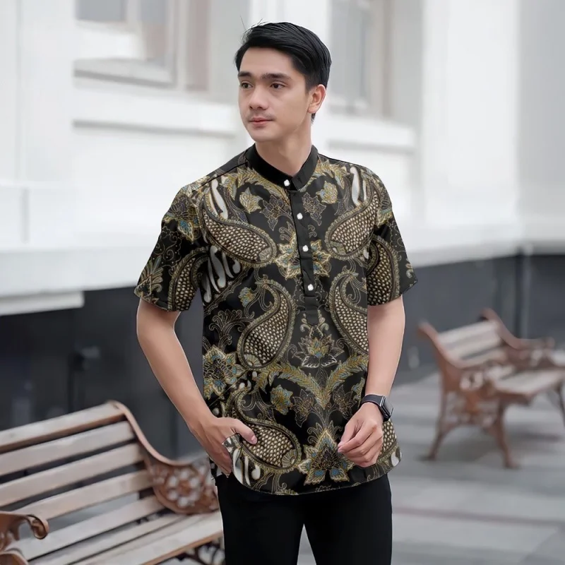 

Retro Flowers Pattern Grandpa Shirt For Men Leaves 3D Printed T-Shirts Summer Street Short Sleeve Tees Stand Collar Polo Shirts