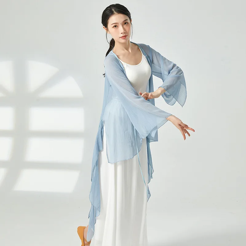 Long Sleeve Chiffon Cardigan Classical Dance Practice Clothes Loose Chinese Folk Dancer Stage Show Wear Transparent Flowy Dress