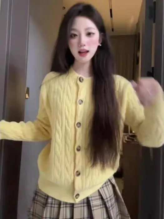 

Женский вязаный кардиган премиум-класса желтого цвета для весны и осени, свободный крой, модный, повседневный, открытый топ