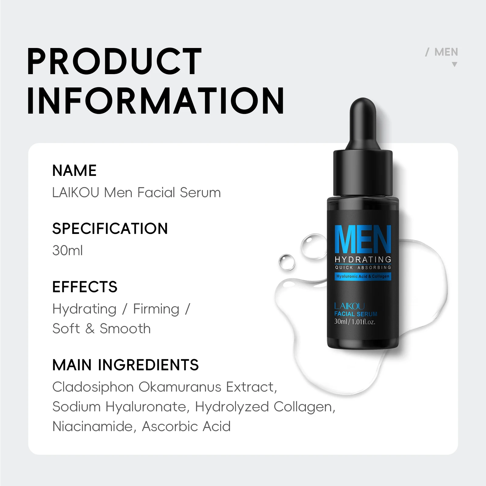 LAIKOU Men's Hydrating Firming Facial Serum 30ml, Quick Absorbing Soft Smooth Skin With Hyaluronic Acid Collagen & Niacinamide