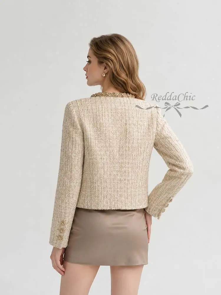 REDDACHiC Luxury Sequined Tweed Jacket Women Elegant Button Down Long Sleeve Slim Fit Collarless Beaded Jacket Office Outwear