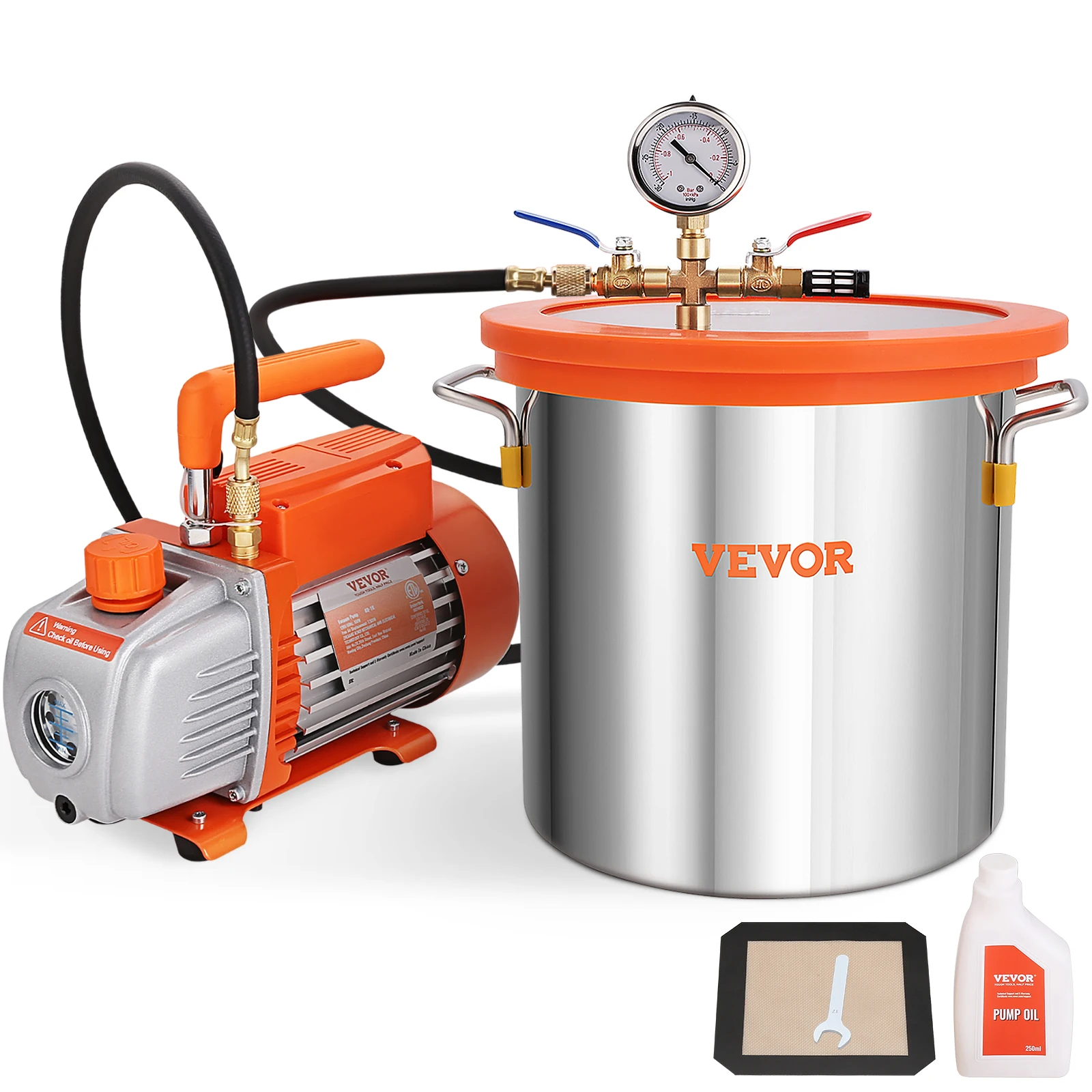 VEVOR 3.5CFM Vacuum Pump Single Stage 3/5 Gal Vacuum Chamber Tempered Glass Lid for Stabilizing Wood Degassing Silicones Epoxie