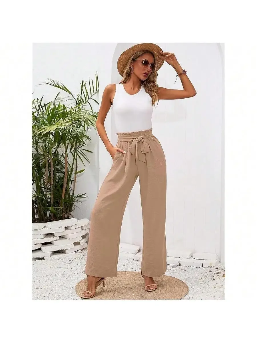 

Women Wide Leg Lounge Pants With Pockets Lightweight High Waisted Adjustable Tie Knot Loose Trousers