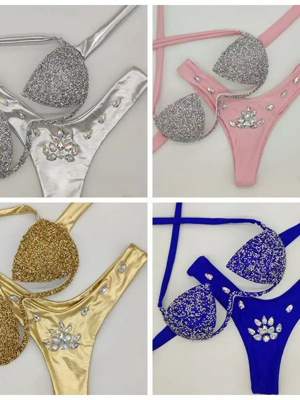 ชุดว่ายน้ำบิกินี่เซ็กซี่แบบแยกชิ้น ประดับเพชร สำหรับผู้หญิง เหมาะสำหรับเล่นกีฬา โยคะ ฟิตเนส พร้อมฟองน้ำเสริมหน้าอก