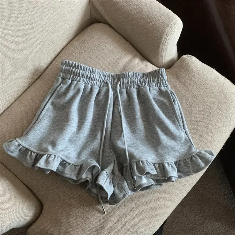 Summer Wood Ear Edge High Waisted Casual Wide Leg Drawstring Sports Shorts For Women