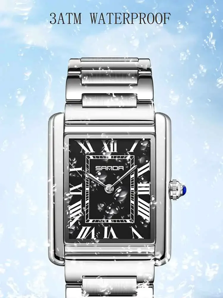 SANDA Coppia Orologio al quarzo con serbatoio Orologio da coppia alla moda impermeabile Resistente all'usura Cinturino in acciaio Quadrante quadrato Design Donna Lady Gift