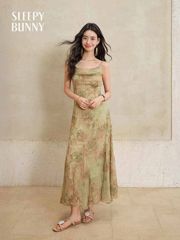 

Vintage Tie-Dye Chiffon Maxi Dress Women Summer Sleeveless Elegant Slim Cami Dress High Waist Long Sundress Beach Holiday Outfit