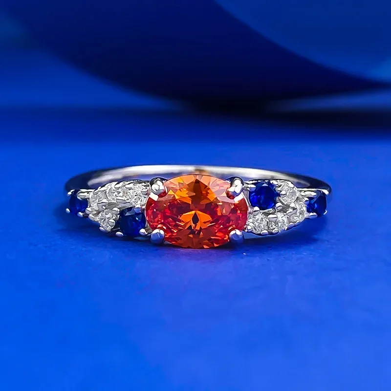 S925 sterling silver inlaid high carbon diamond pigeon blood red 5 * 7mm oval Fanta orange French romantic ring is hot selling