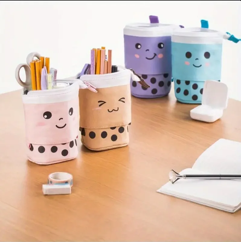 

Cute Smiling Face Design Retractable Stand-Up Organizer Pencil Case for Girls for Office Travel Stationery Holder
