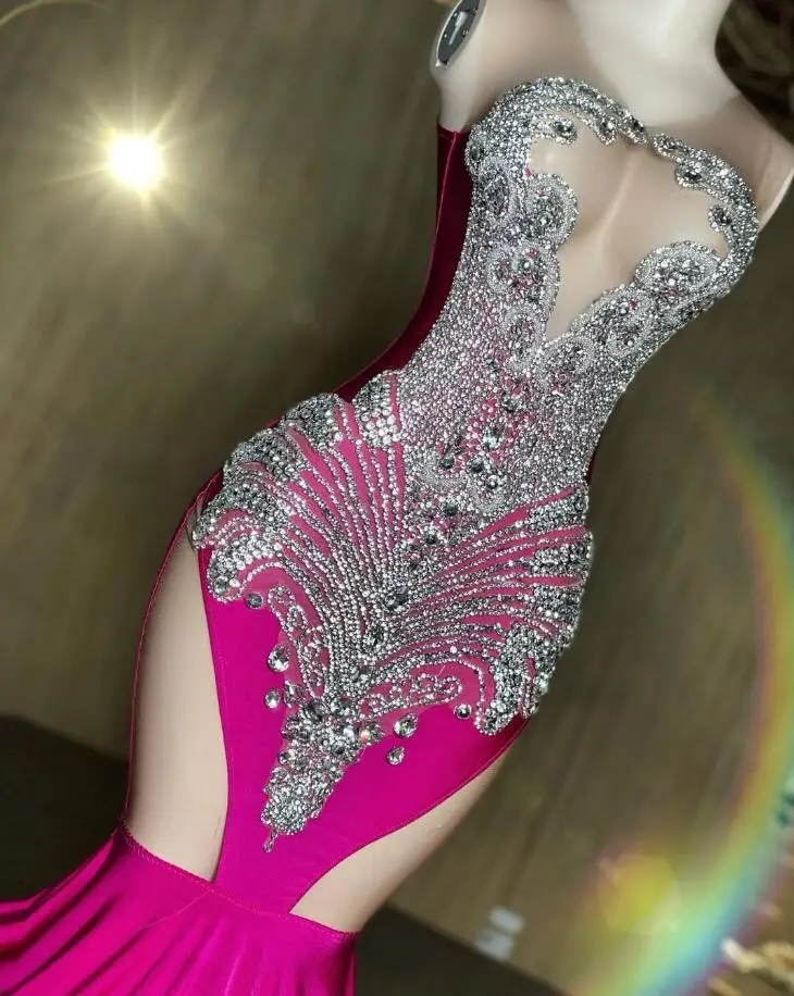 Vestidos de baile de sereia brilhante para mulheres, vestidos rosa brilhante, diamante e cristal de luxo, vestido de cerimônia